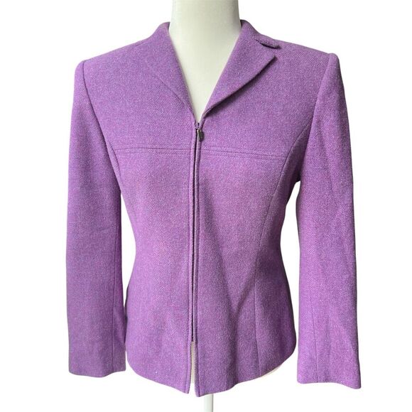 Kasper Womens Blazer Wool Blend Zip Collar Office Purple Knit - Picture 1 of 8